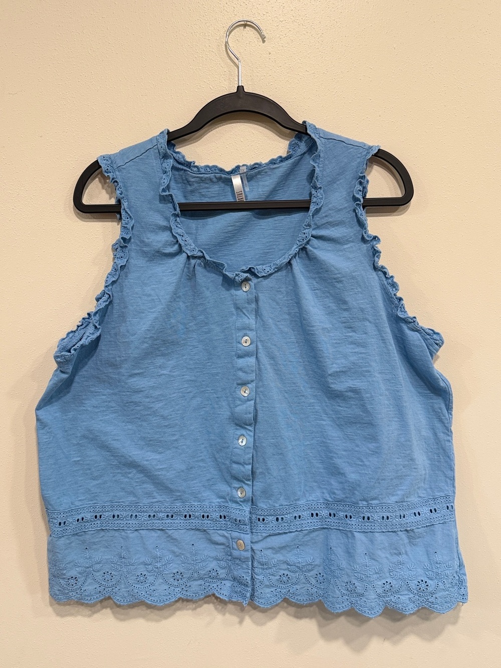 Kaktus Blue Ruffle Eyelet Button-Front Tank Cottagecore 100% Cotton  Size 2X